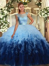 Ideal Sleeveless Tulle Floor Length Backless 15 Quinceanera Dress in Multi-color with Beading and Ruffles