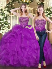 Enchanting Purple Sleeveless Organza Lace Up Quinceanera Gown for Military Ball and Sweet 16 and Quinceanera