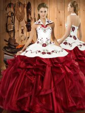 Modest Wine Red Quinceanera Gowns Military Ball and Sweet 16 and Quinceanera with Embroidery and Ruffles Halter Top Sleeveless Lace Up