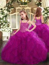  Straps Sleeveless Lace Up Kids Formal Wear Fuchsia Tulle