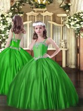 Modern Ball Gowns Little Girl Pageant Dress Green Straps Satin Sleeveless Floor Length Lace Up