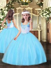  Aqua Blue Tulle Lace Up Pageant Dress for Teens Sleeveless Floor Length Beading