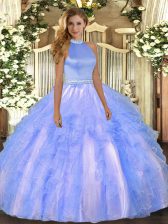 Latest Baby Blue Ball Gowns Halter Top Sleeveless Organza Floor Length Backless Beading and Ruffles Quinceanera Dresses