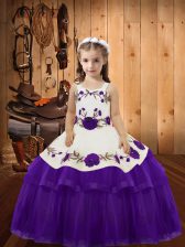  Embroidery and Ruffled Layers Pageant Dress Eggplant Purple Lace Up Sleeveless Floor Length