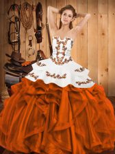  Strapless Sleeveless Quinceanera Gown Floor Length Embroidery and Ruffles Orange Red Satin and Organza