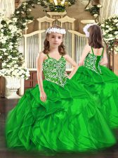  Floor Length Lace Up Little Girl Pageant Gowns Green for Party and Quinceanera with Beading and Ruffles