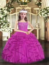  Fuchsia Lace Up Straps Beading and Ruffles Kids Formal Wear Tulle Sleeveless