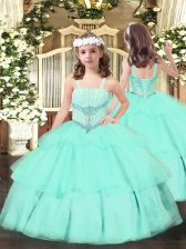  Floor Length Apple Green Pageant Dress for Teens Organza Sleeveless Beading and Ruffled Layers
