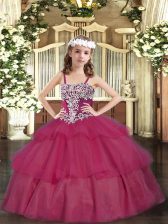 Dramatic Appliques and Ruffled Layers Pageant Dress for Teens Wine Red Lace Up Sleeveless Floor Length