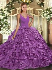  Ball Gowns Quinceanera Dresses Lavender V-neck Taffeta Sleeveless Floor Length Backless