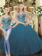  Teal Sleeveless Tulle Lace Up Quince Ball Gowns for Military Ball and Sweet 16 and Quinceanera