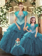 Modern Tulle Straps Sleeveless Lace Up Beading and Ruffles Quinceanera Dresses in Teal 