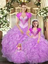  Floor Length Baby Pink 15th Birthday Dress Tulle Sleeveless Beading and Ruffles