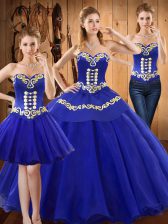  Blue Tulle Lace Up Quinceanera Dress Sleeveless Floor Length Embroidery