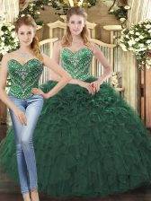 High Class Sleeveless Tulle Floor Length Lace Up Quinceanera Gown in Dark Green with Beading and Ruffles