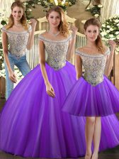 Custom Design Bateau Sleeveless Tulle Sweet 16 Dress Beading Lace Up