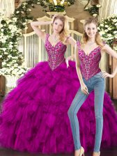  Floor Length Fuchsia Quinceanera Dress V-neck Sleeveless Lace Up