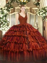  Sleeveless Floor Length Beading and Lace and Ruffled Layers Backless Vestidos de Quinceanera with Rust Red