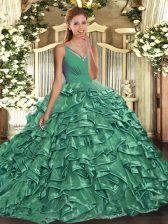 Unique Sweep Train Ball Gowns Quinceanera Gowns Turquoise V-neck Organza Sleeveless With Train Backless