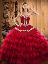  Wine Red Vestidos de Quinceanera Military Ball and Sweet 16 and Quinceanera with Embroidery and Ruffled Layers Sweetheart Sleeveless Lace Up