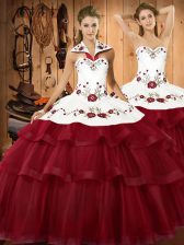 Modern Halter Top Sleeveless Organza Quince Ball Gowns Embroidery and Ruffled Layers Sweep Train Lace Up