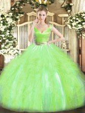 Pretty Yellow Green Ball Gowns V-neck Sleeveless Tulle Floor Length Zipper Beading and Ruffles Sweet 16 Dresses