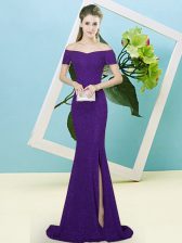 Discount Purple Off The Shoulder Zipper Sequins Prom Gown Sweep Train Short Sleeves