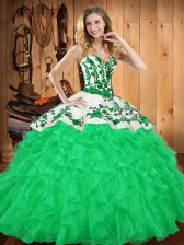 Customized Sleeveless Floor Length Embroidery and Ruffles Lace Up 15 Quinceanera Dress with Green