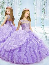  Floor Length Lavender Kids Formal Wear Organza Sleeveless Beading and Ruffles and Pick Ups