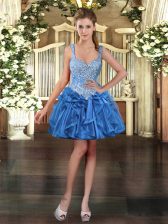 Ideal Blue Prom Party Dress Prom and Party with Beading and Ruffles Straps Sleeveless Lace Up