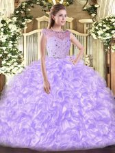  Sleeveless Floor Length Beading and Ruffles Zipper Quince Ball Gowns with Lavender