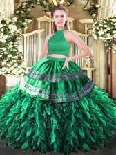 Super Dark Green Sleeveless Floor Length Beading and Embroidery and Ruffles Backless Quinceanera Gowns