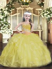 Customized Gold Lace Up Kids Formal Wear Beading and Ruffles Sleeveless Floor Length