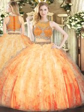 Fantastic Orange Red Ball Gowns Beading and Ruffles Quince Ball Gowns Zipper Organza Sleeveless Floor Length