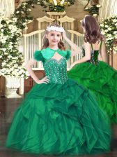  Dark Green Pageant Dress Womens Party and Quinceanera with Beading and Ruffles Straps Sleeveless Lace Up