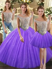 Super Eggplant Purple Tulle Lace Up Bateau Sleeveless Floor Length Ball Gown Prom Dress Beading