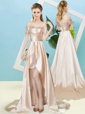  Champagne Empire Off The Shoulder Short Sleeves Elastic Woven Satin and Sequined High Low Lace Up Sequins Homecoming Dress