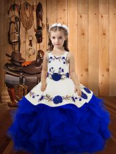 Hot Selling Royal Blue Lace Up Little Girl Pageant Dress Embroidery and Ruffles Sleeveless Floor Length