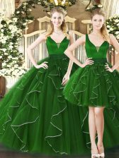 Popular Dark Green Tulle Lace Up Straps Sleeveless Floor Length Quinceanera Dress Ruffles