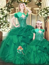  Beading and Ruffles Ball Gown Prom Dress Green Lace Up Sleeveless Floor Length