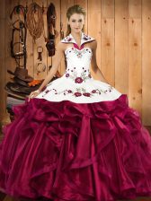  Satin and Organza Halter Top Sleeveless Lace Up Embroidery and Ruffles Quinceanera Gown in Fuchsia