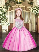 Superior Fuchsia Sleeveless Beading and Appliques Floor Length Little Girl Pageant Dress
