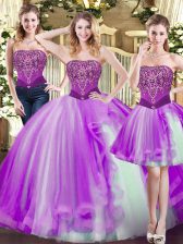Vintage Eggplant Purple Lace Up Strapless Beading Quinceanera Dresses Tulle Sleeveless