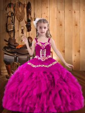  Sleeveless Floor Length Embroidery and Ruffles Lace Up Little Girl Pageant Gowns with Fuchsia