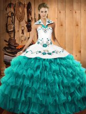  Turquoise Sleeveless Floor Length Embroidery and Ruffled Layers Lace Up 15th Birthday Dress
