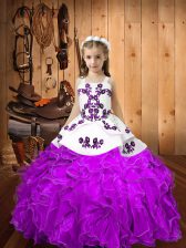 Hot Sale Eggplant Purple Straps Neckline Embroidery and Ruffles Little Girl Pageant Dress Sleeveless Lace Up