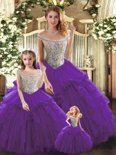  Bateau Sleeveless Tulle Quinceanera Dress Beading and Ruffles Lace Up