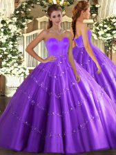  Eggplant Purple Ball Gown Prom Dress Military Ball and Sweet 16 and Quinceanera with Beading and Appliques Sweetheart Sleeveless Lace Up