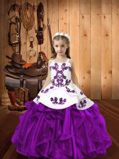 Fashion Eggplant Purple Ball Gowns Embroidery and Ruffles Kids Pageant Dress Lace Up Organza Sleeveless