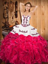 Admirable Embroidery and Ruffles 15th Birthday Dress Hot Pink Lace Up Sleeveless Floor Length